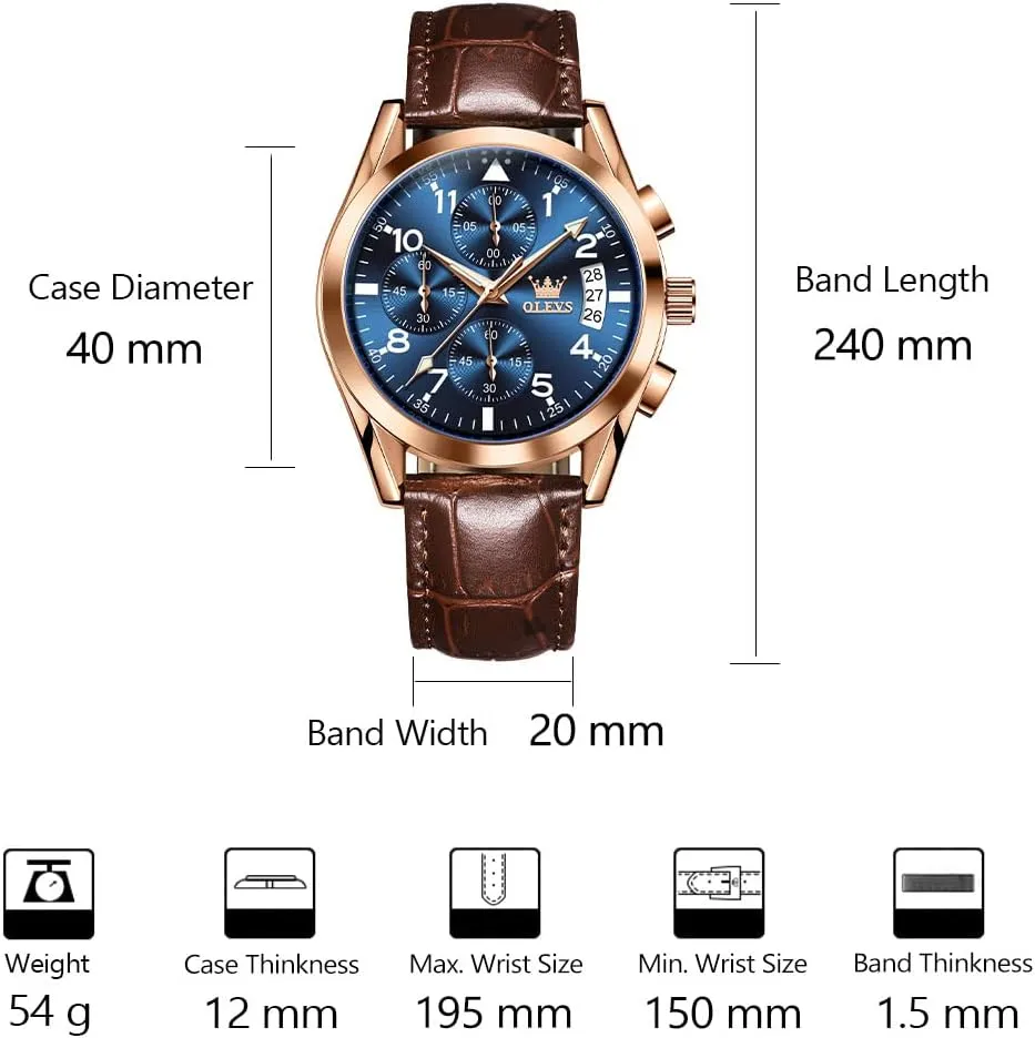 OLEVS Men's Casual Leather Watch, Big Face Chronograph Watch for Men, Fashion Easy to Read Dress Watch, Men's Waterproof Luminous Date Analog Watch, Gold/Black/White/Blue Dial
