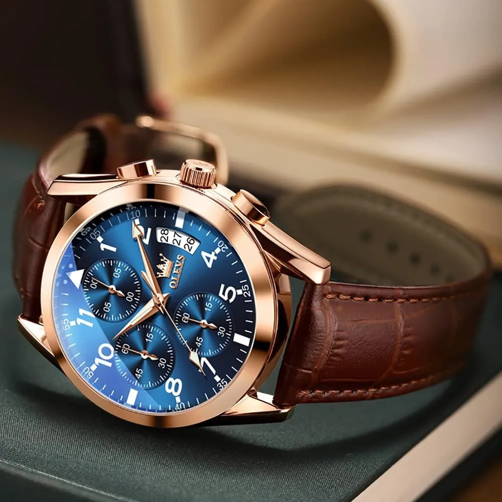 OLEVS Men's Casual Leather Watch, Big Face Chronograph Watch for Men, Fashion Easy to Read Dress Watch, Men's Waterproof Luminous Date Analog Watch, Gold/Black/White/Blue Dial