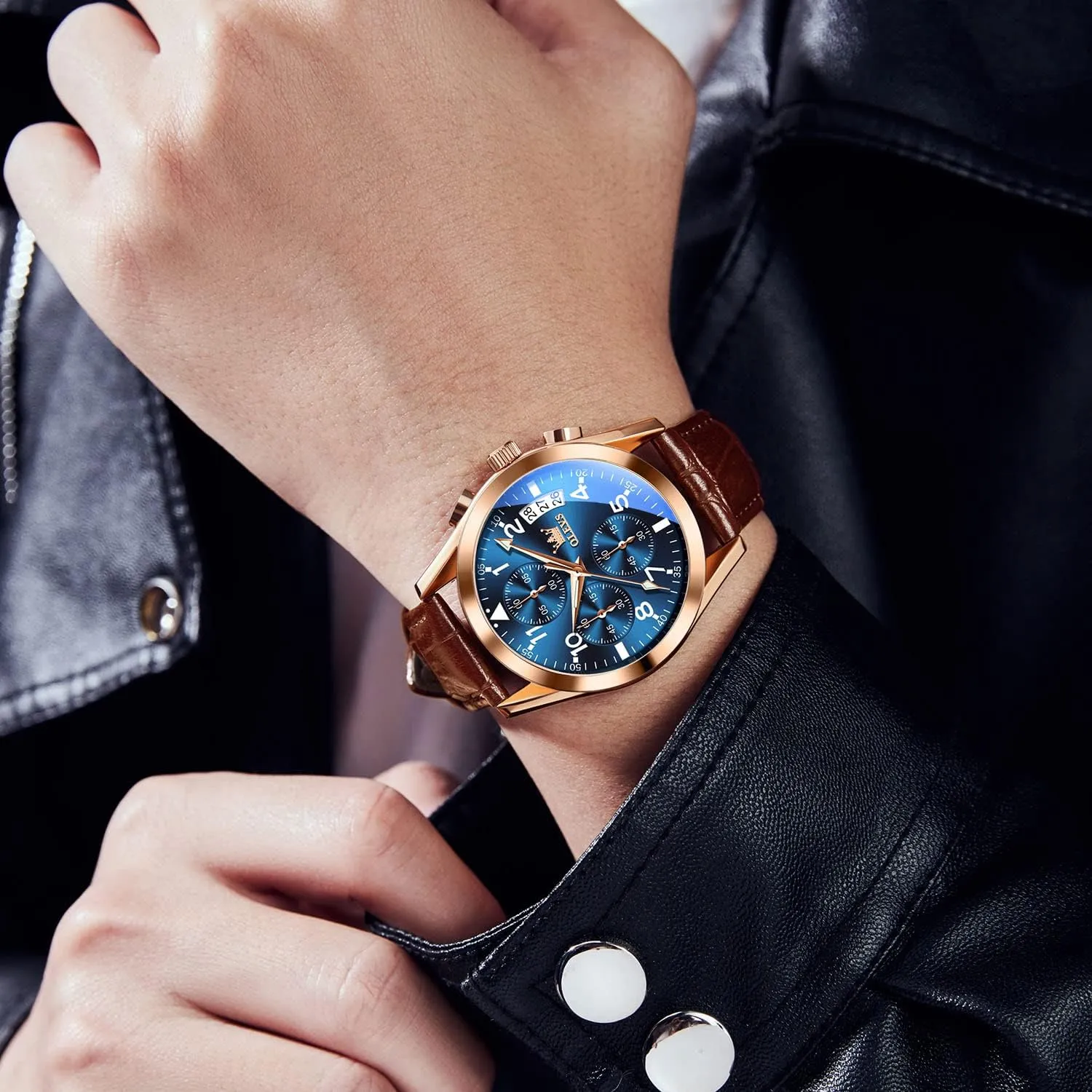 OLEVS Men's Casual Leather Watch, Big Face Chronograph Watch for Men, Fashion Easy to Read Dress Watch, Men's Waterproof Luminous Date Analog Watch, Gold/Black/White/Blue Dial