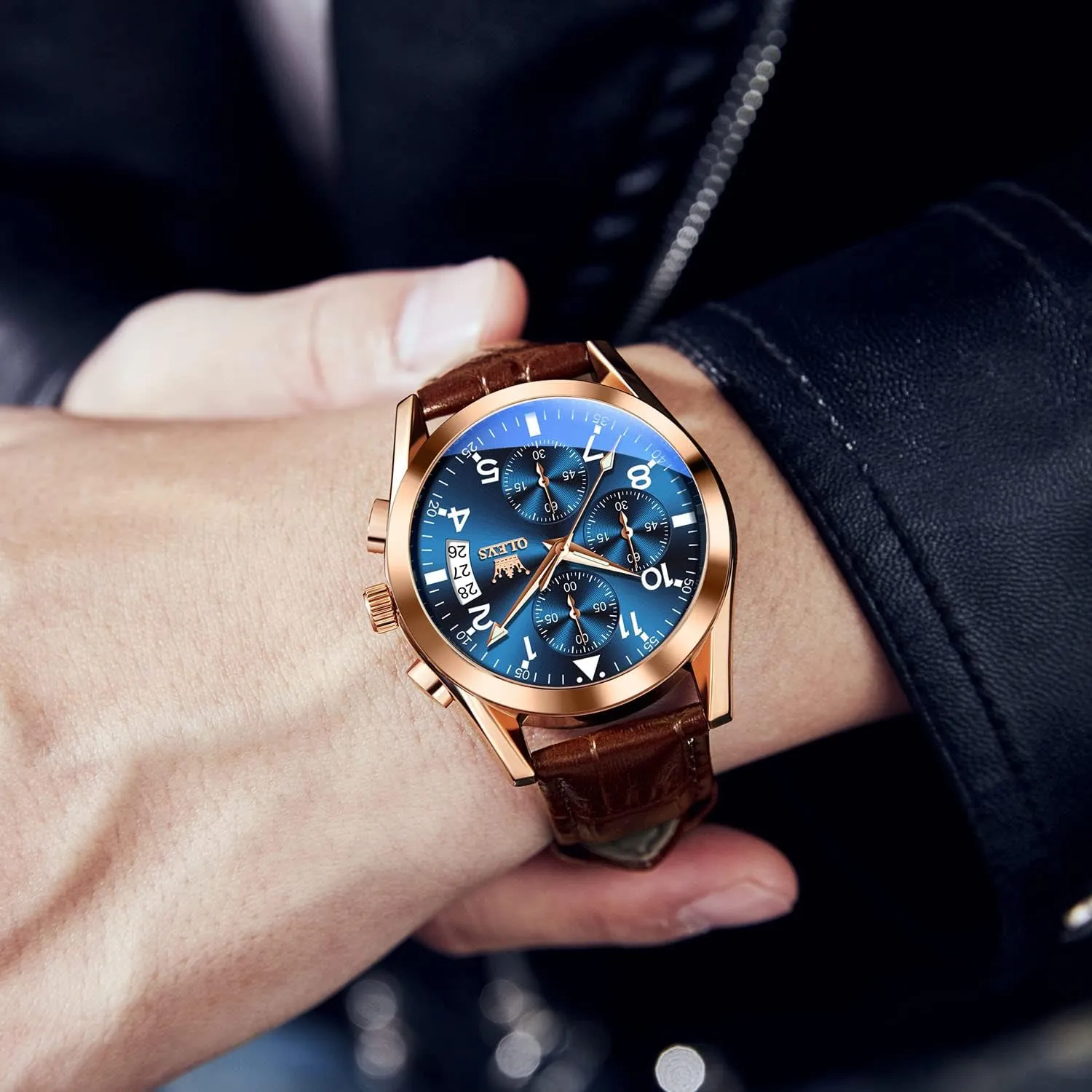 OLEVS Men's Casual Leather Watch, Big Face Chronograph Watch for Men, Fashion Easy to Read Dress Watch, Men's Waterproof Luminous Date Analog Watch, Gold/Black/White/Blue Dial
