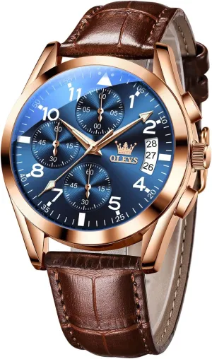 OLEVS Men's Casual Leather Watch, Big Face Chronograph Watch for Men, Fashion Easy to Read Dress Watch, Men's Waterproof Luminous Date Analog Watch, Gold/Black/White/Blue Dial
