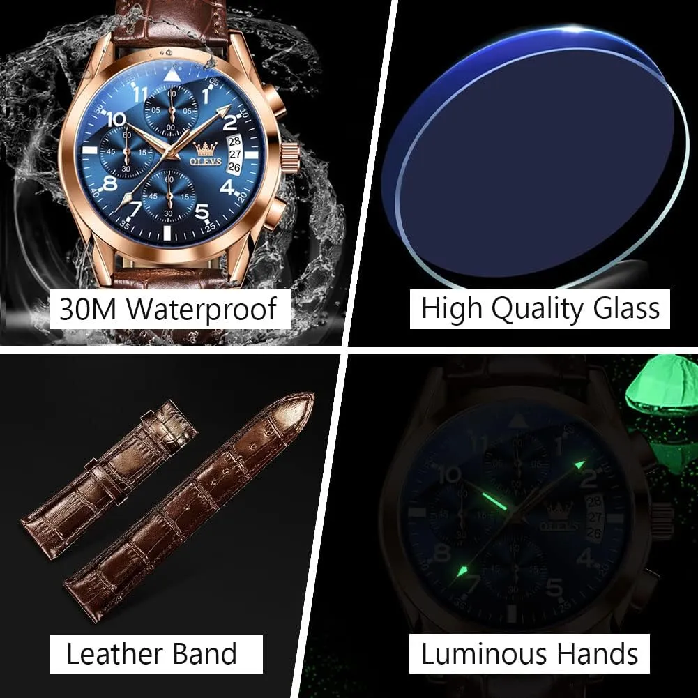 OLEVS Men's Casual Leather Watch, Big Face Chronograph Watch for Men, Fashion Easy to Read Dress Watch, Men's Waterproof Luminous Date Analog Watch, Gold/Black/White/Blue Dial