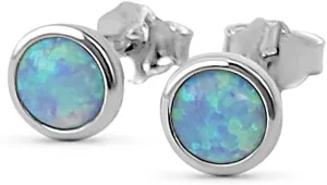 Opal Earrings - 6mm Stud Earrings - Minimalist Opal Stud Fashion Earrings for Women (Silver - Blue Opal)