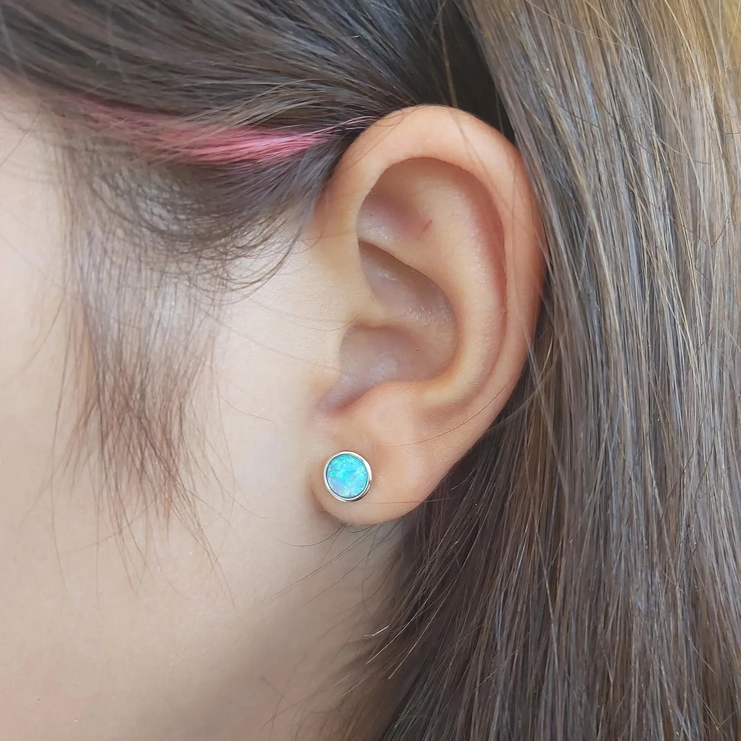 Opal Earrings - 6mm Stud Earrings - Minimalist Opal Stud Fashion Earrings for Women (Silver - Blue Opal)