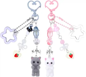 Ouligay 2 Pcs Fuzzy Cat Keychain,Cute Key Chain Charms,Y2k Keychain,Kawaii Matching Keychains with star,Fuzzy Kitty Cat Decor for Cat Lover,Gift for Women Backpack Purse(Gray White)