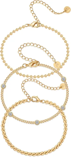 PAVOI 18K Gold Plated Chain Bracelet Pack for Women | Jewelry Set of 5 Stackable Bracelets Paperclip Snake Rope Figaro Beaded Chains