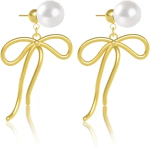 Pearl Bow Earrings, 18K Gold/Silver Plated Drop Dangle Bow Pearl Earrings, Dainty Trendy Pearls Stud Earring for Women