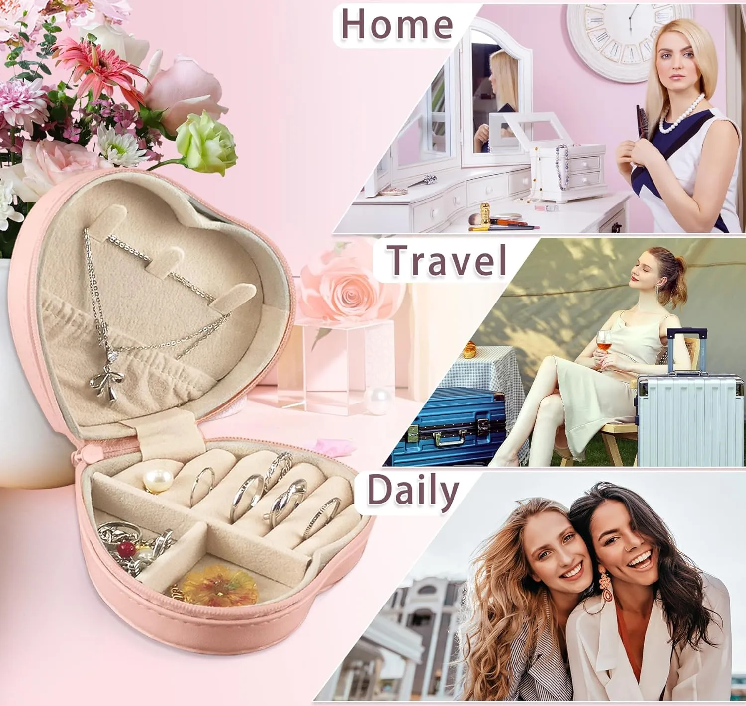 Pearl Initial Travel Jewelry Case Cute 4 5 6 7 8 9 10 11 12 13 Year Old Girl Birthday Gifts Heart Shaped Jewelry Organizer Box Christmas Trendy Gift for Daughter Sister Women Teen Girl Pink A
