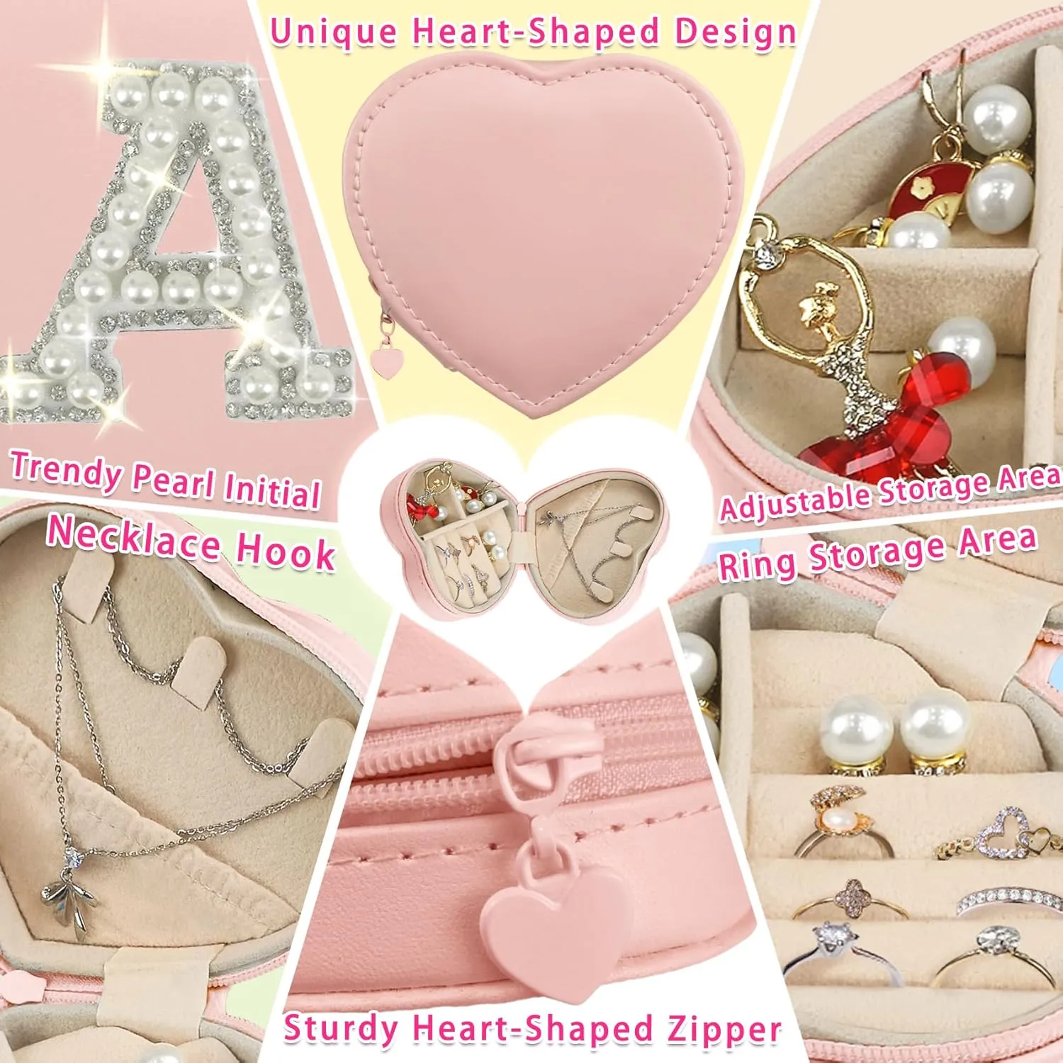 Pearl Initial Travel Jewelry Case Cute 4 5 6 7 8 9 10 11 12 13 Year Old Girl Birthday Gifts Heart Shaped Jewelry Organizer Box Christmas Trendy Gift for Daughter Sister Women Teen Girl Pink A