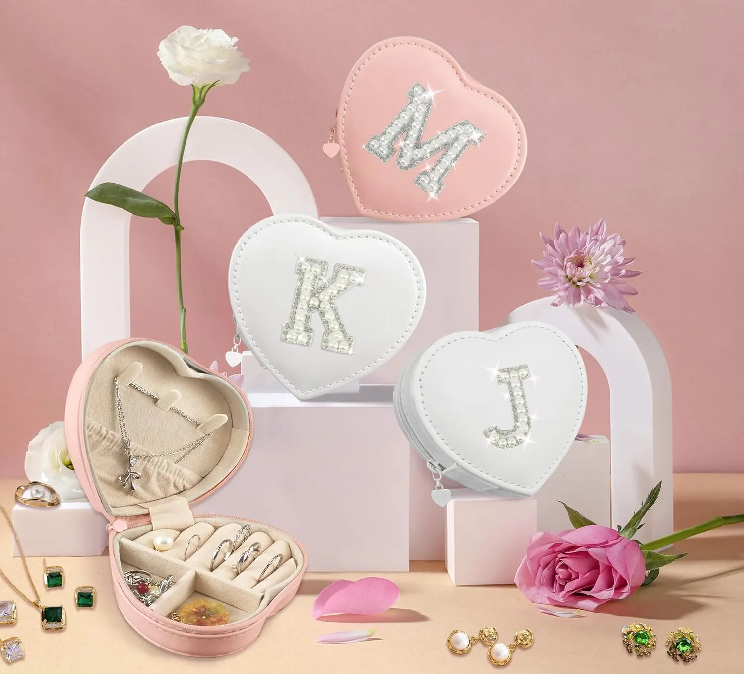 Pearl Initial Travel Jewelry Case Cute 4 5 6 7 8 9 10 11 12 13 Year Old Girl Birthday Gifts Heart Shaped Jewelry Organizer Box Christmas Trendy Gift for Daughter Sister Women Teen Girl Pink A