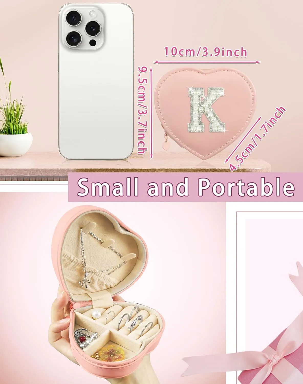 Pearl Initial Travel Jewelry Case Cute 4 5 6 7 8 9 10 11 12 13 Year Old Girl Birthday Gifts Heart Shaped Jewelry Organizer Box Christmas Trendy Gift for Daughter Sister Women Teen Girl Pink A