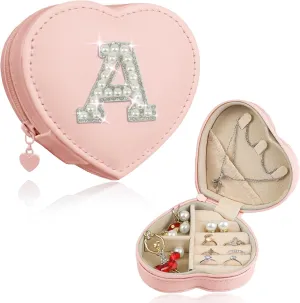 Pearl Initial Travel Jewelry Case Cute 4 5 6 7 8 9 10 11 12 13 Year Old Girl Birthday Gifts Heart Shaped Jewelry Organizer Box Christmas Trendy Gift for Daughter Sister Women Teen Girl Pink A