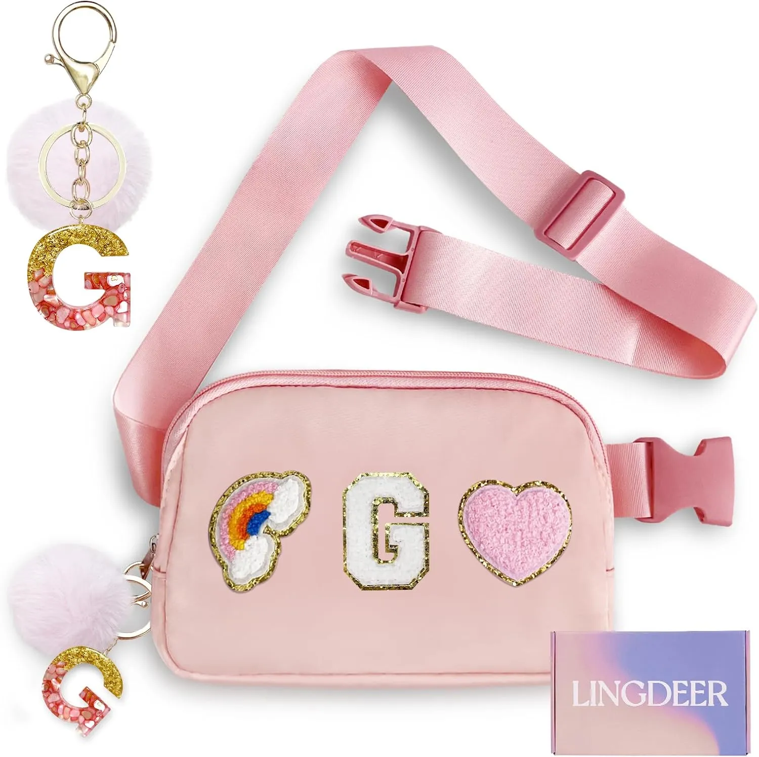 Personalized Belt Bag with Keychain, Fanny Pack for Girls Women, Initial Birthday Gifts for Teen Girls Mom, Crossbody Bag, Small Waist Packs, Travel Essential Preppy Gifts (Pink G)