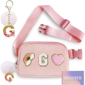 Personalized Belt Bag with Keychain, Fanny Pack for Girls Women, Initial Birthday Gifts for Teen Girls Mom, Crossbody Bag, Small Waist Packs, Travel Essential Preppy Gifts (Pink G)