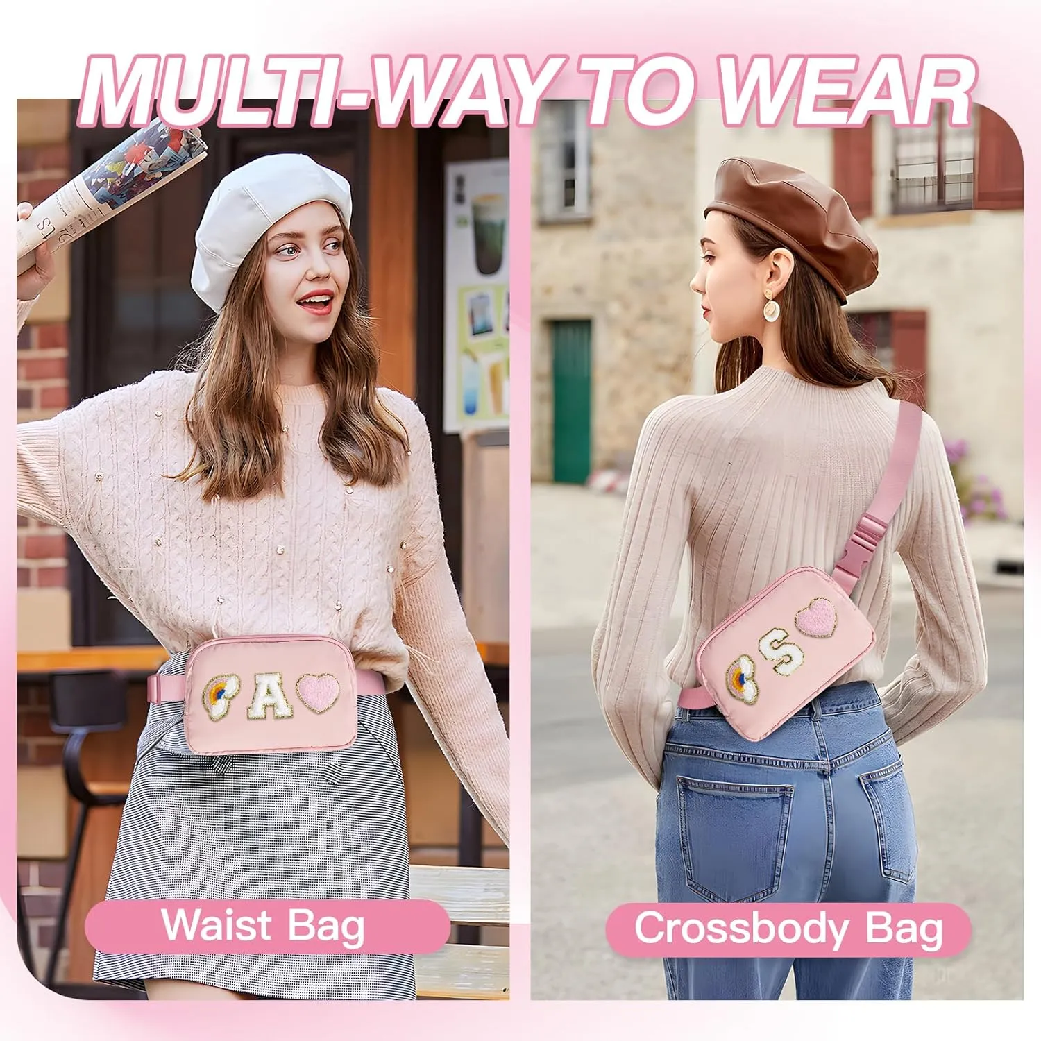 Personalized Belt Bag with Keychain, Fanny Pack for Girls Women, Initial Birthday Gifts for Teen Girls Mom, Crossbody Bag, Small Waist Packs, Travel Essential Preppy Gifts (Pink G)