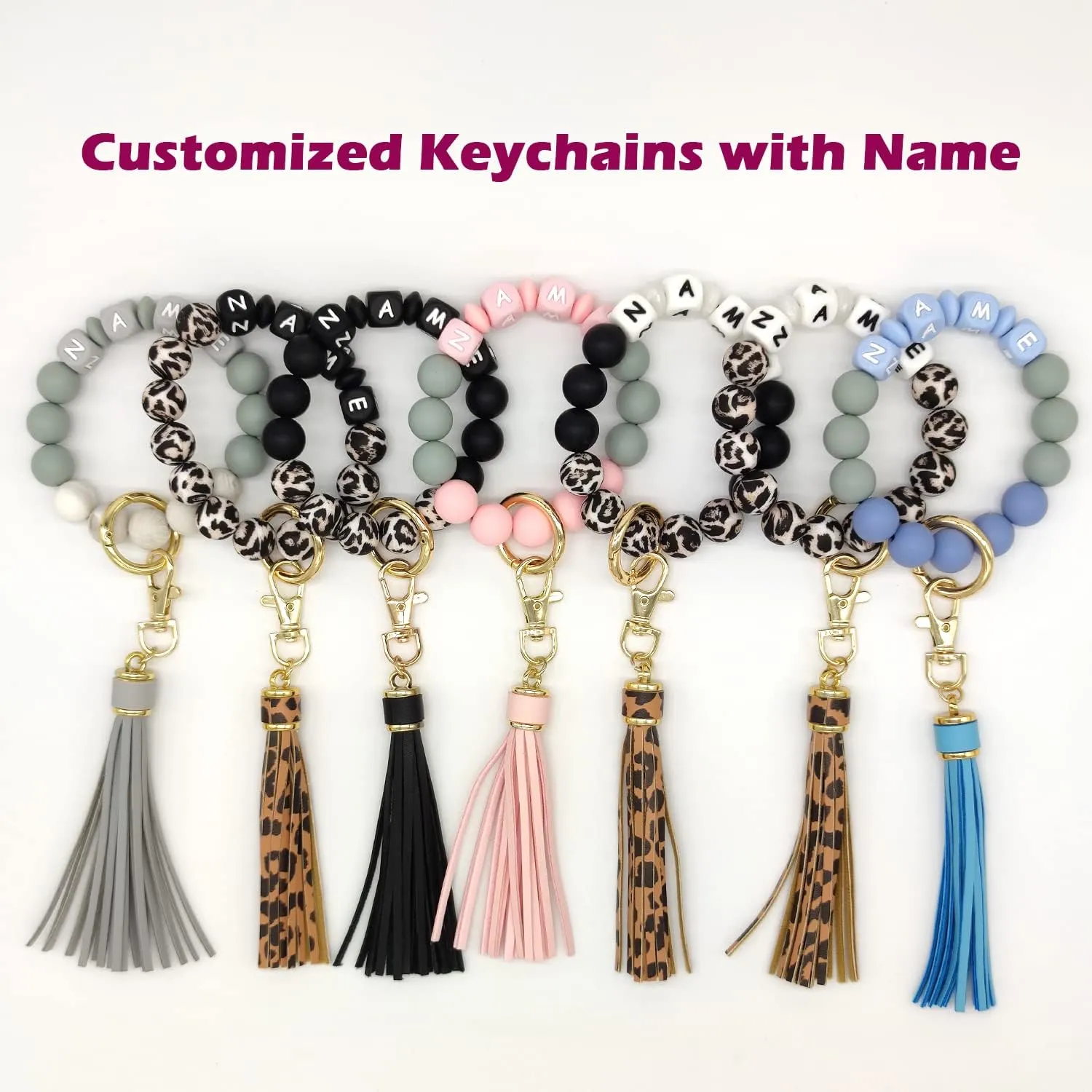 Personalized Wristlet Keychain Elastic Silicone Beaded Key Ring Bracelet Bangle Tassel Portable Keys Ring