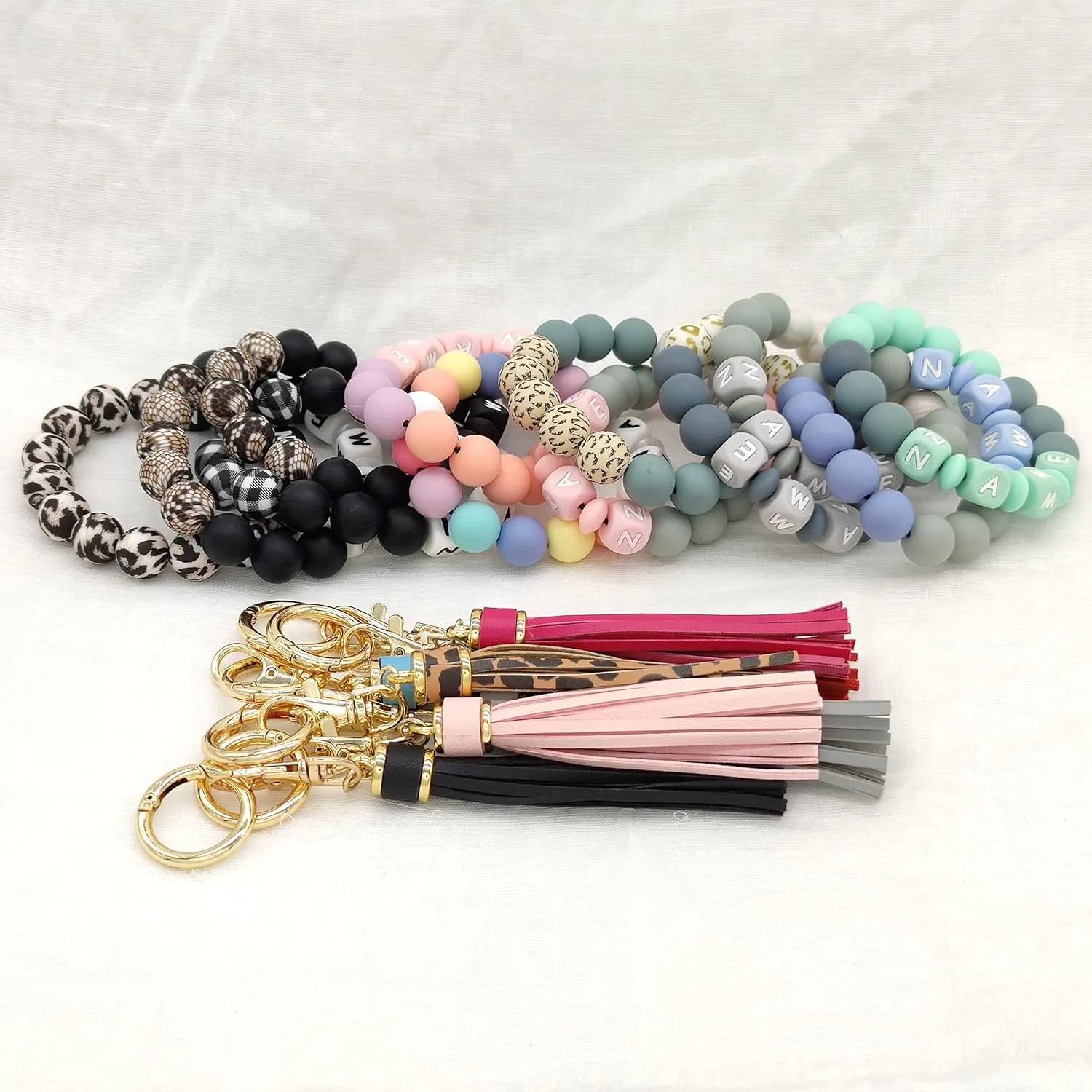 Personalized Wristlet Keychain Elastic Silicone Beaded Key Ring Bracelet Bangle Tassel Portable Keys Ring