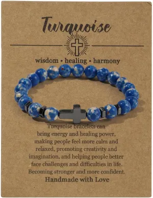 Pingyongchang Natural Stone Christian Cross Gifts for Women Men Healing Crystal Turquoise Bracelet Faith Easter Catholic Religious Stretch Bracelets Stress Relief Anxiety Yoga Bracelet For Teens