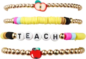 Pingyongchang Teacher Appreciation Bracelet Cute Handmade Ploymer Clay Bracelet Love Teach Inspire Letter Beaded Stretch Bracelet for Women Back to School Jewelry Teacher Graduation Gift