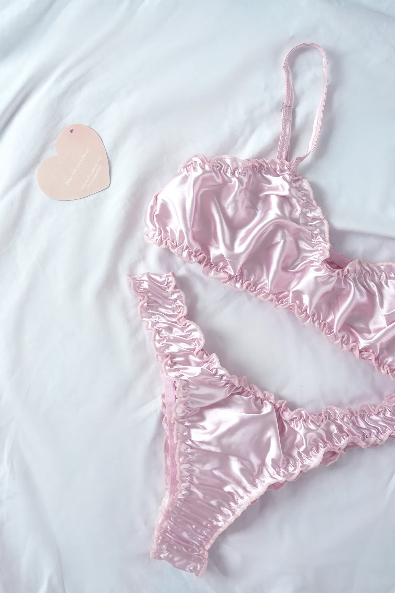 Pink Silk Ruffled Bralette Underwear Set