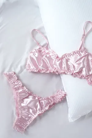 Pink Silk Ruffled Bralette Underwear Set