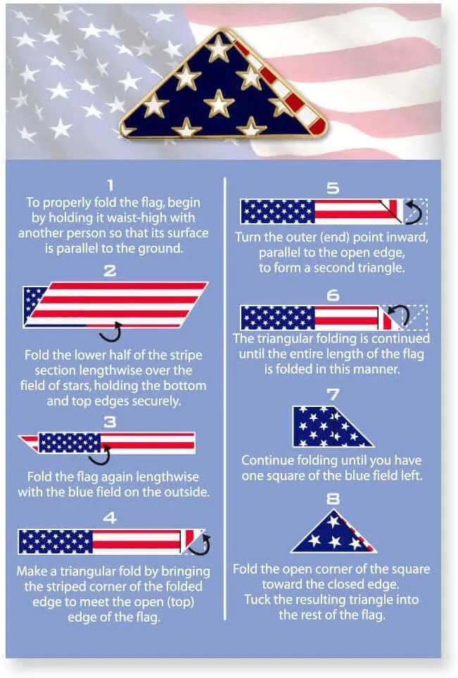 PinMart's Folded American Flag Memorial Veteran Lapel Pin on Instruction Card - Patriotic Enamel Pins for Clothing, Hats, Backpacks and Bags - Memorial Day Pins for Men and Women