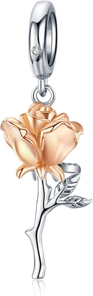 Presentski Rose Flower Charm Silver Rose Gold 3D Flowers Dangle Charms for Bracelet, Dainty Tulip Carnation Peony Pendant Charms for Bracelets Necklace Platinum for Women Girls
