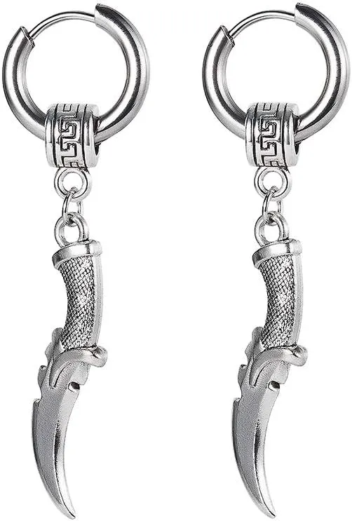 Punk Dagger Sword Hoop Earrings for Men Women Gothic Stainless Steel Huggie Hinged Hoops Dangle Drop Earrings Hypoallergenic Fashion Personalized Hip-Hop Vintage Dangling Jewelry Boyfriend Birthday