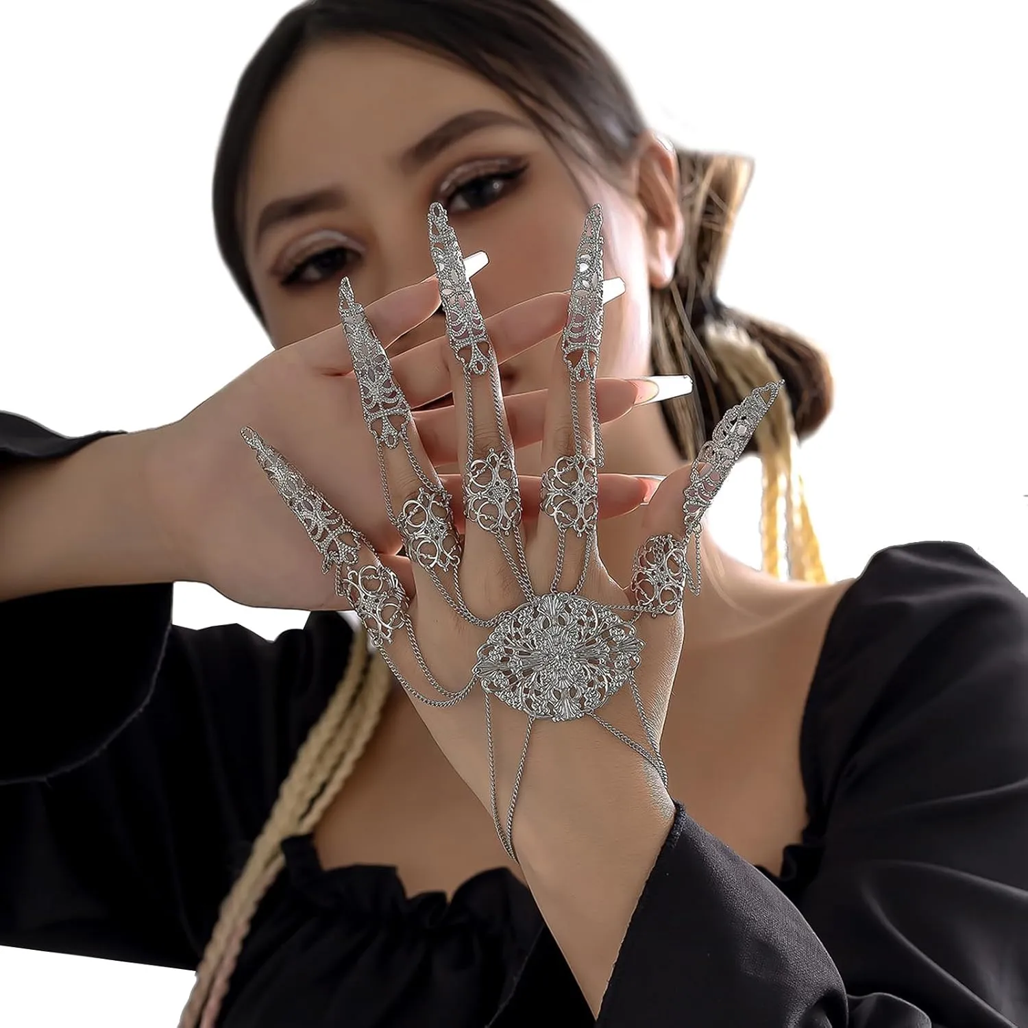 Punk Finger Bracelets with Ring,Exaggerated Finger Wrist Chains Gothic Halloween Body Accessory Jewelry for Women