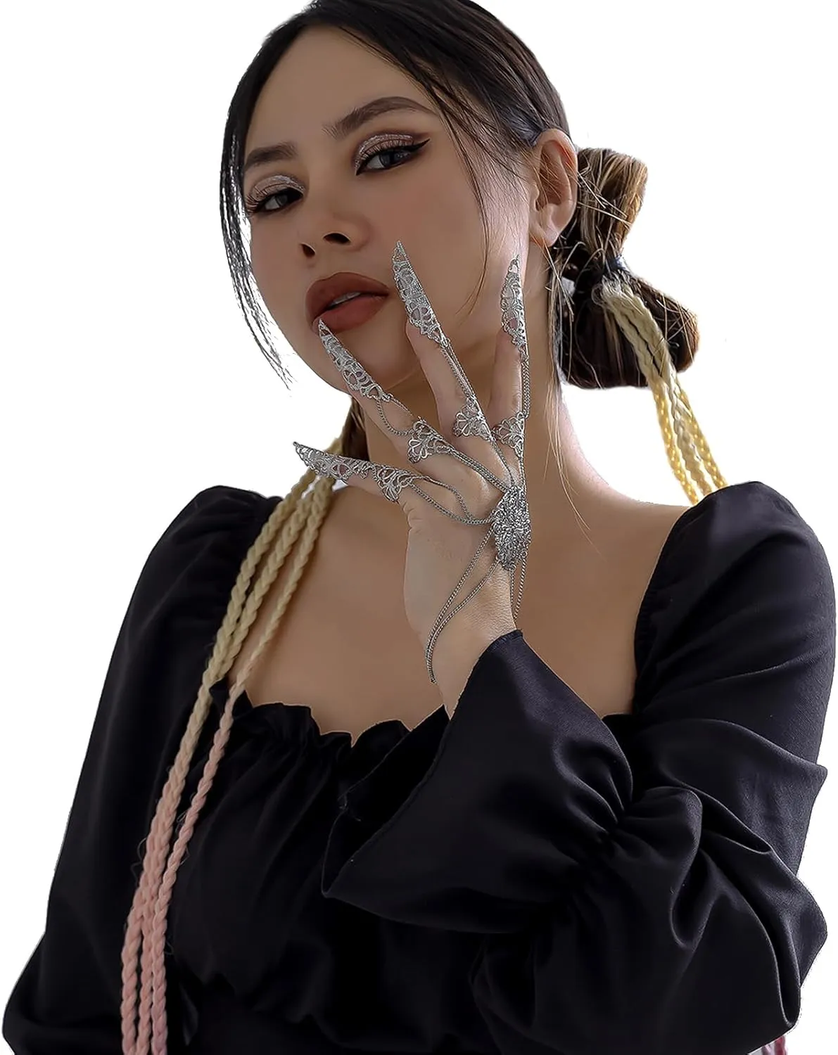 Punk Finger Bracelets with Ring,Exaggerated Finger Wrist Chains Gothic Halloween Body Accessory Jewelry for Women