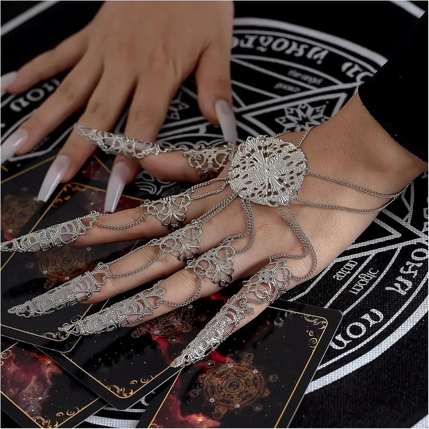 Punk Finger Bracelets with Ring,Exaggerated Finger Wrist Chains Gothic Halloween Body Accessory Jewelry for Women