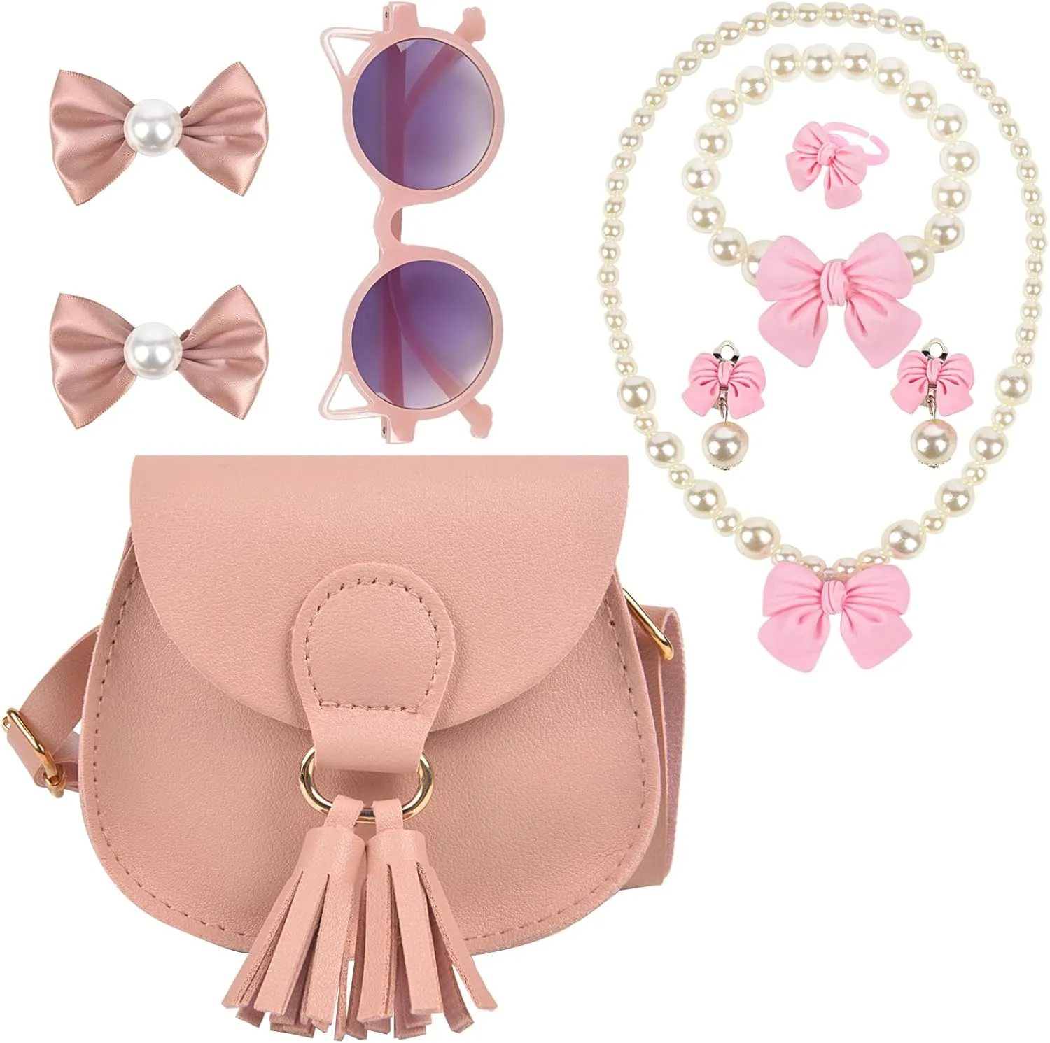 QZUnique Girls Tassel Pendant Crossbody Purse Set, Cute Princess Handbags with Jewelry Set Hair Clip Sunglass, Pu Coin Purse Mini Toddlers Wallet Small Satchel Prtend Play Jewelry for Kids, 7 Pack
