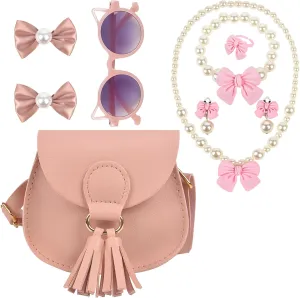 QZUnique Girls Tassel Pendant Crossbody Purse Set, Cute Princess Handbags with Jewelry Set Hair Clip Sunglass, Pu Coin Purse Mini Toddlers Wallet Small Satchel Prtend Play Jewelry for Kids, 7 Pack