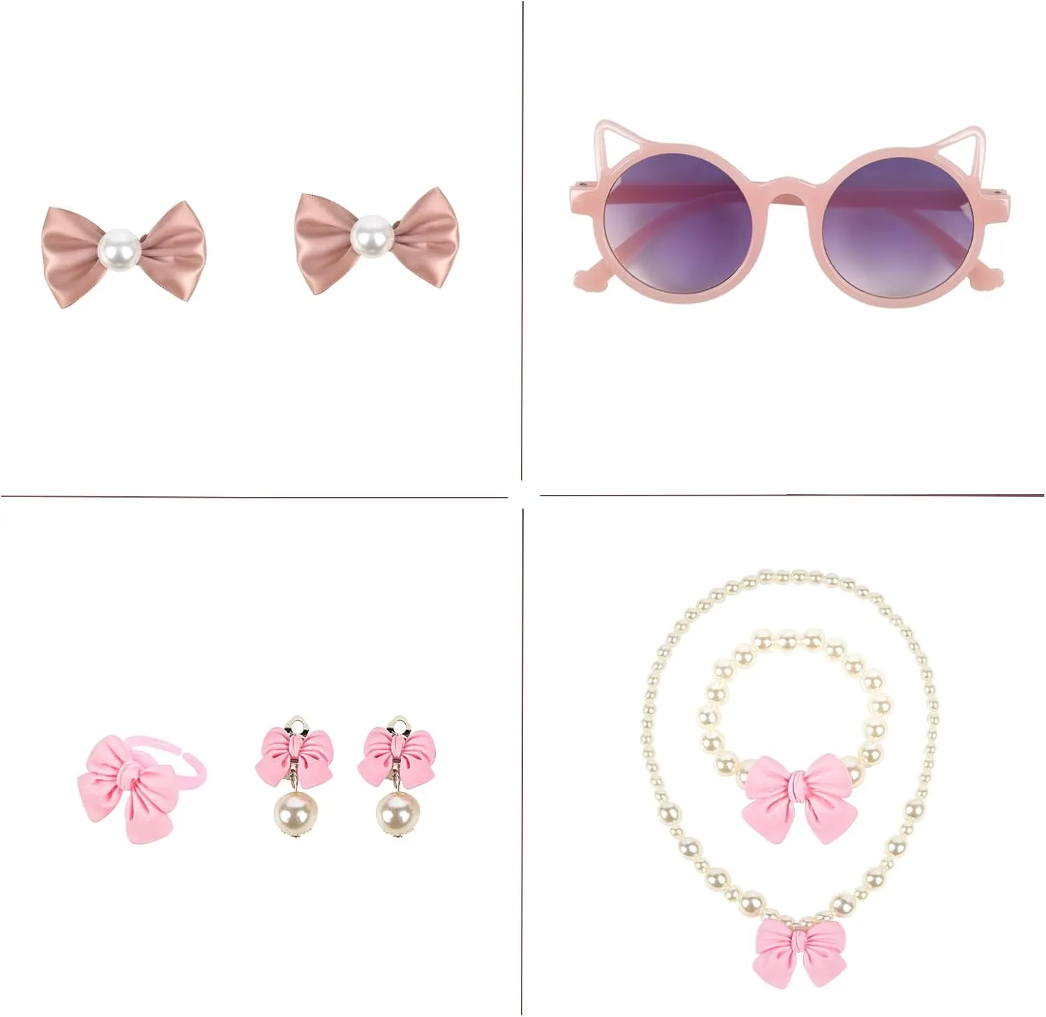 QZUnique Girls Tassel Pendant Crossbody Purse Set, Cute Princess Handbags with Jewelry Set Hair Clip Sunglass, Pu Coin Purse Mini Toddlers Wallet Small Satchel Prtend Play Jewelry for Kids, 7 Pack