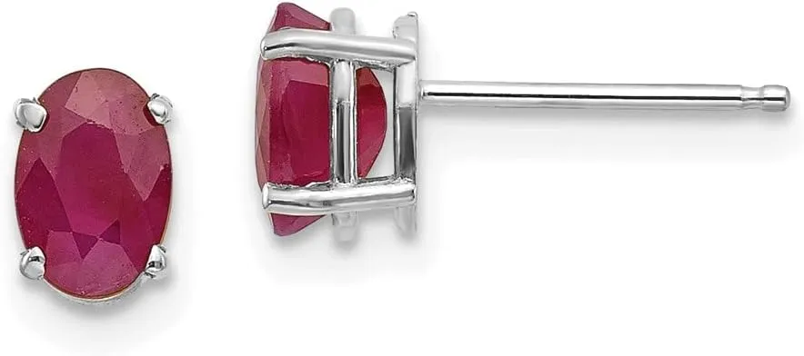 Real 14k White Gold 6x4 Oval July/Ruby Post Studs Earrings - 6mm x 4mm