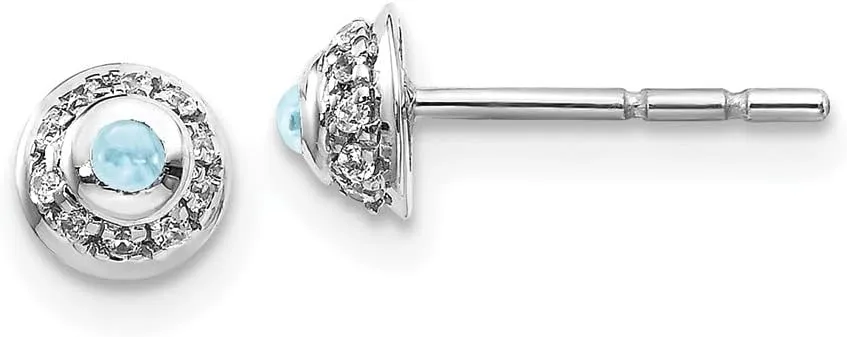 Real 14k White Gold Diamond and Cabachon Aquamarine Blue March Gemstone Studs Earrings 4mm (.08 cttw.)