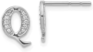 Real 14k White Gold Diamond Initial Letter Q Button Post Studs Earrings - 10mm x 8mm (.072 cttw.)