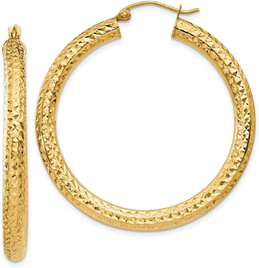 Real 14k Yellow Gold Diamond-cut 4mm Round Hoop Earrings