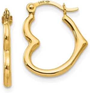 Real 14k Yellow Gold Heart Shaped Hoop Puffed Shrimp Earrings - 16mm x 13mm