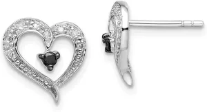 Real 925 Sterling Silver Black and White Diamond Heart Post Studs Earrings - 11mm x 12mm (.16 cttw.)