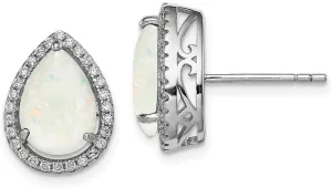 Real 925 Sterling Silver Simulated Opal and CZ Cubic Zirconia Post Studs Earrings - 14mm x 11mm