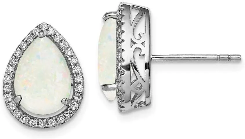 Real 925 Sterling Silver Simulated Opal and CZ Cubic Zirconia Post Studs Earrings - 14mm x 11mm