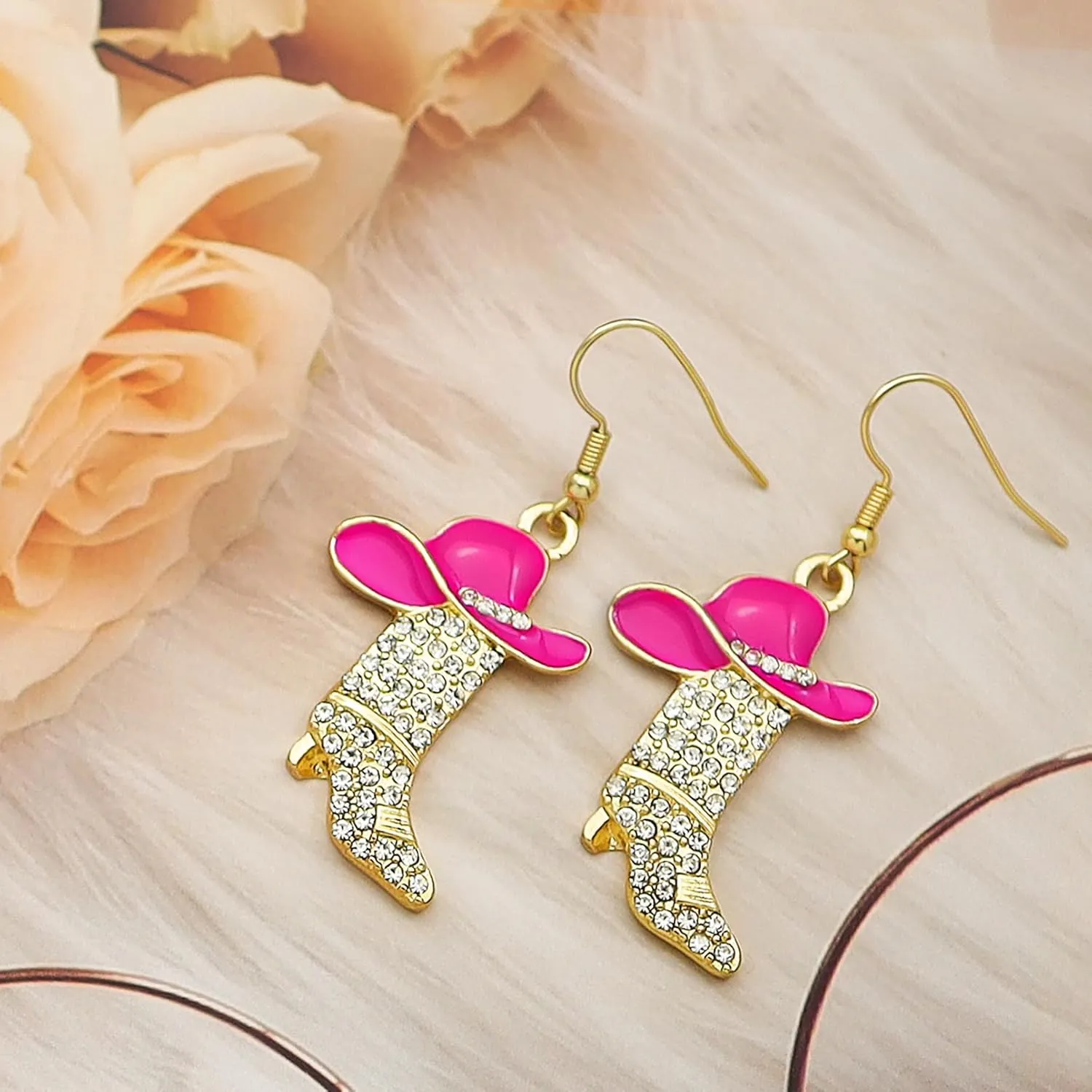 RechicGu Rhinestone Western Boots Earrings Cowgirl Cowboy Enamel Hat Bohemian Rodeo Boot Drop Dangle Earrings for Women