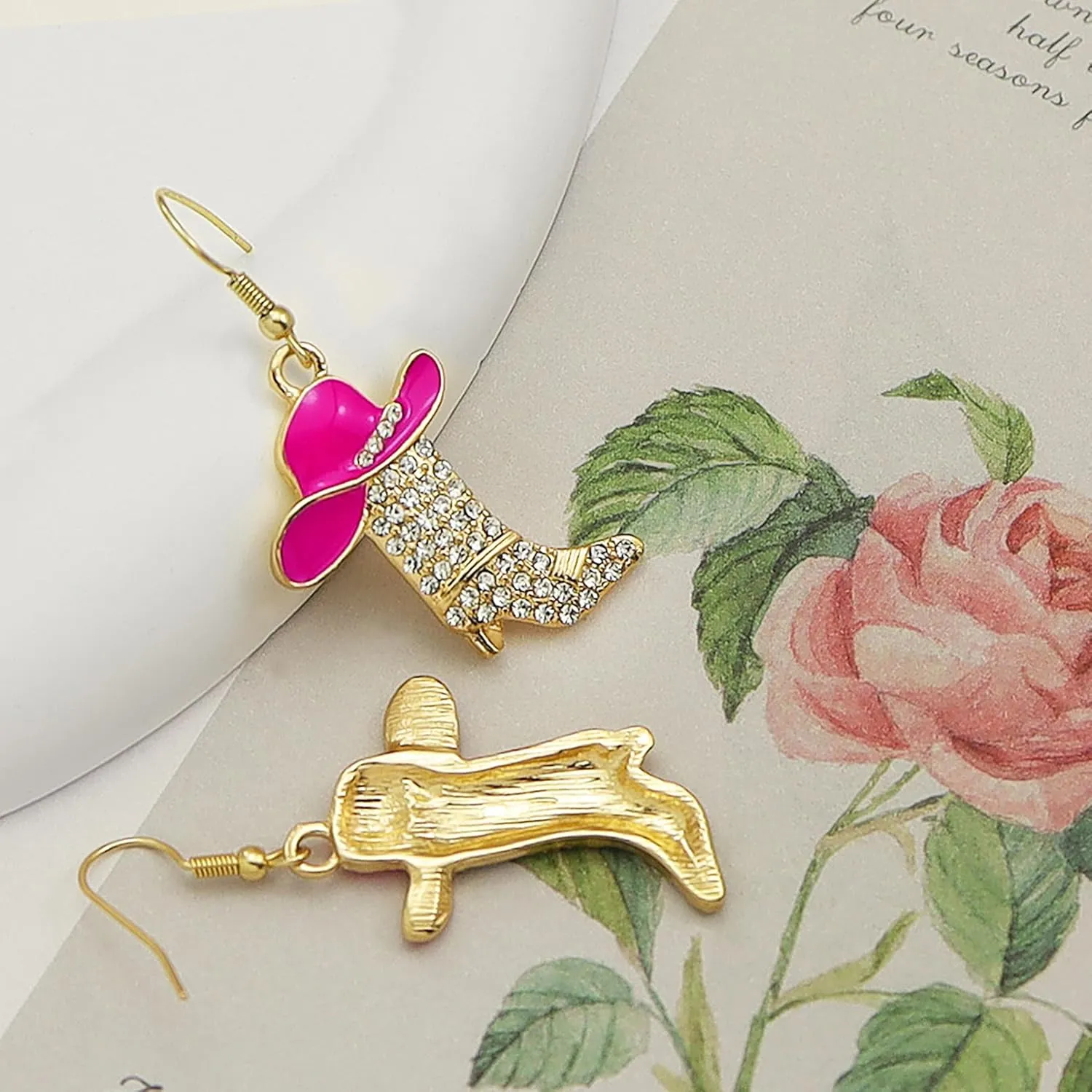RechicGu Rhinestone Western Boots Earrings Cowgirl Cowboy Enamel Hat Bohemian Rodeo Boot Drop Dangle Earrings for Women