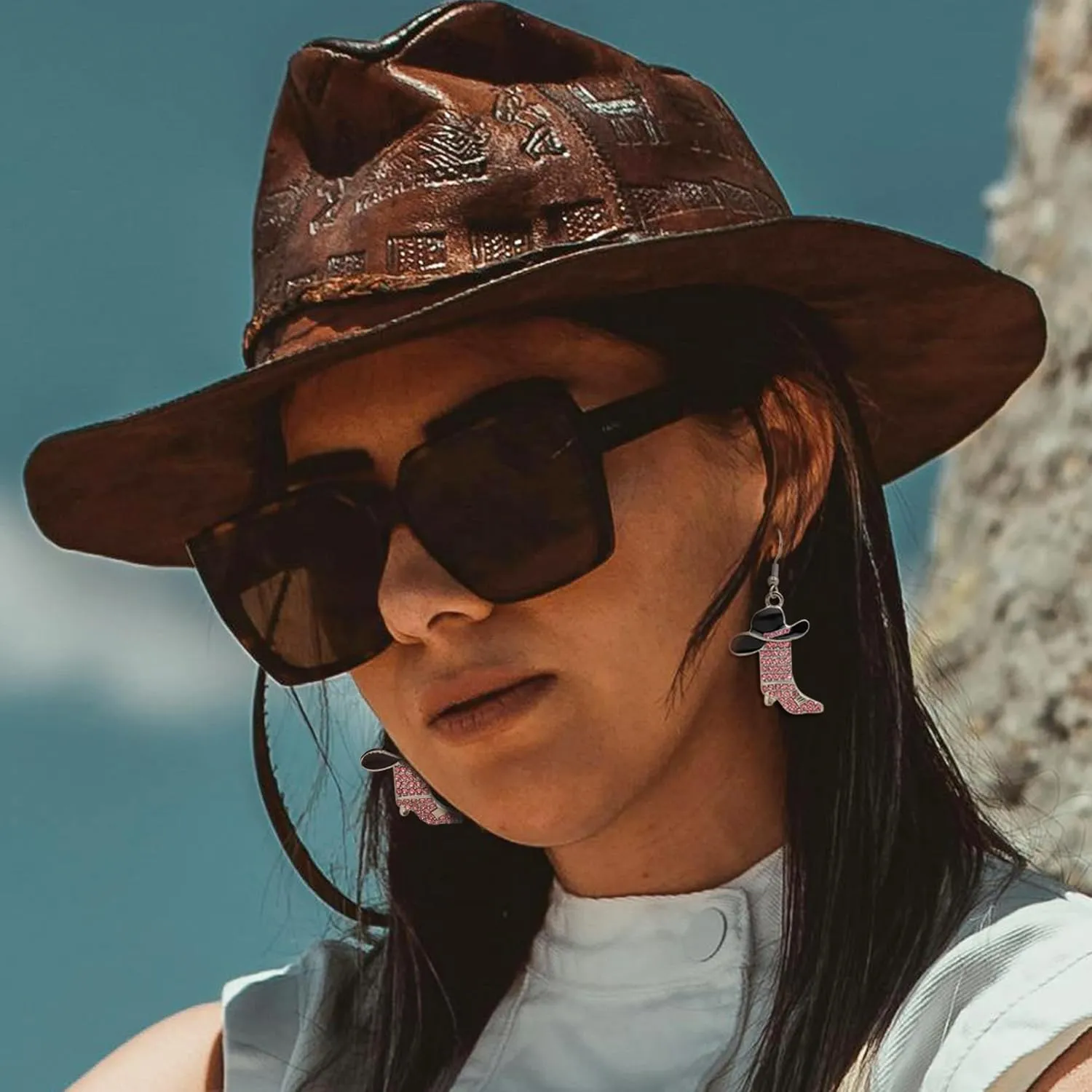 RechicGu Rhinestone Western Boots Earrings Cowgirl Cowboy Enamel Hat Bohemian Rodeo Boot Drop Dangle Earrings for Women