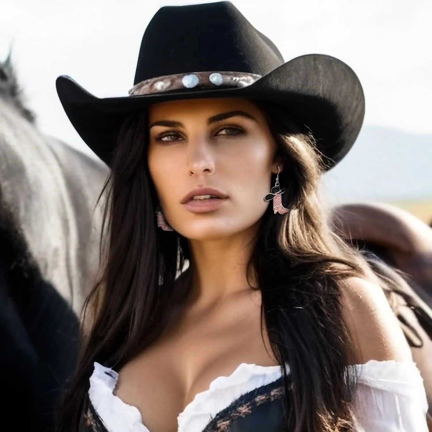 RechicGu Rhinestone Western Boots Earrings Cowgirl Cowboy Enamel Hat Bohemian Rodeo Boot Drop Dangle Earrings for Women
