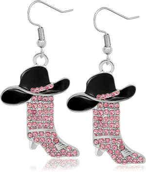 RechicGu Rhinestone Western Boots Earrings Cowgirl Cowboy Enamel Hat Bohemian Rodeo Boot Drop Dangle Earrings for Women