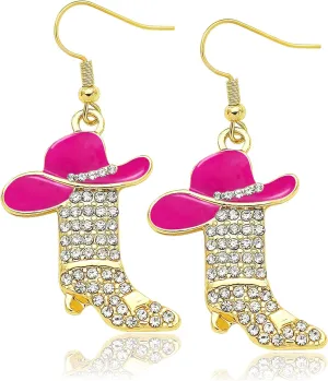 RechicGu Rhinestone Western Boots Earrings Cowgirl Cowboy Enamel Hat Bohemian Rodeo Boot Drop Dangle Earrings for Women