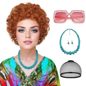 Red Orange Wig for Landlady Costume, Mrs Short Curly Wig  Fashion Sunglasses  Jewelry  Wig Cap for Cosplay Halloween Party