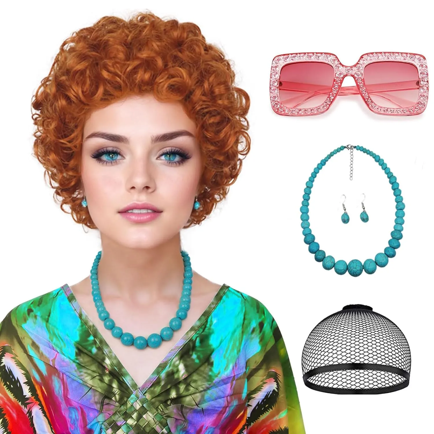 Red Orange Wig for Landlady Costume, Mrs Short Curly Wig  Fashion Sunglasses  Jewelry  Wig Cap for Cosplay Halloween Party